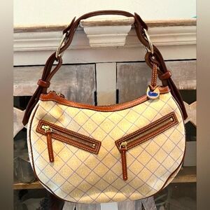 Dooney & Bourke Branded Canvas Crescent Hobo Shoulder Bag in Yellow& Blu…